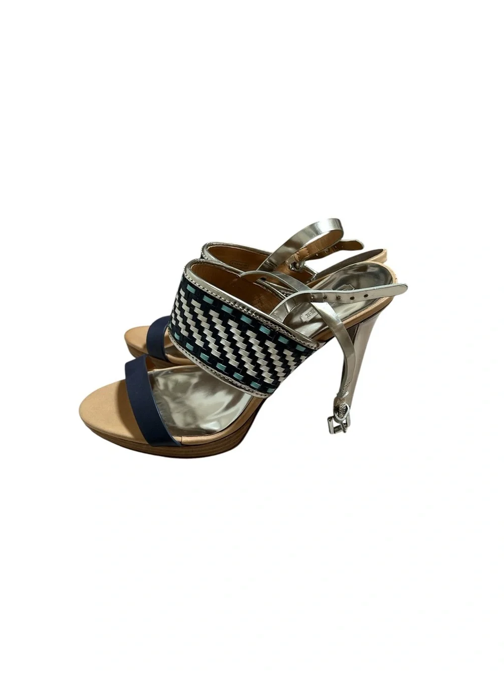 Coach Steffi Woven Slingback Heels in Silver and Metallic Navy